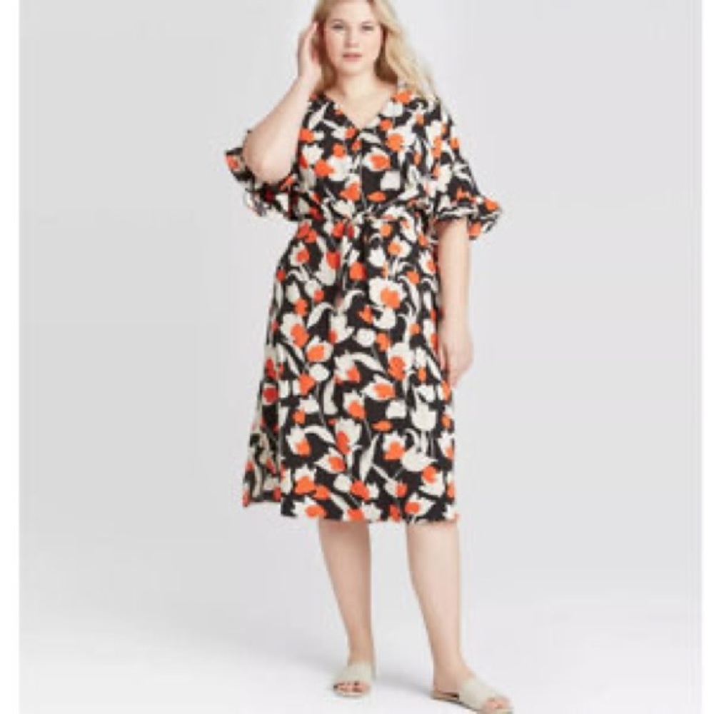 Chic Midi Black & Orange Tie-Waist Flutter Sleeve Dress